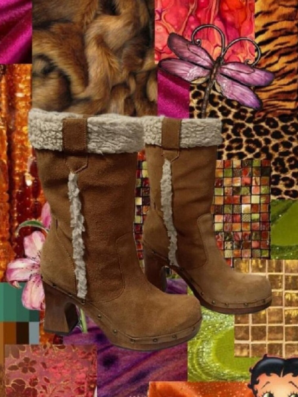 Y2K MIA Women’s Tan Suede Shearling Cuff Mid-Calf Wood Heel Clog Boots Sz 8